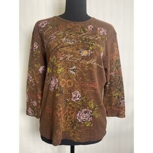 Studio Collection Rhinestones Novelty Parisian 3/4 Blouse Women's M Brown Y2K